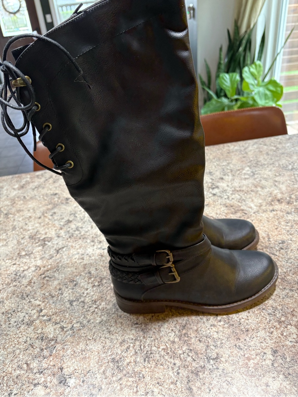Women’s Tall Lace-Back Riding Boots - Black Braided Buckles